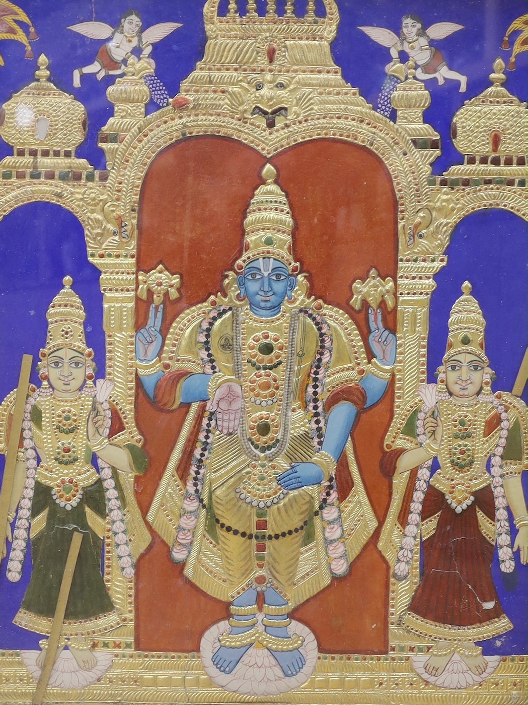 Indian School c.1900, a painted and gilt panel of Shiva with attendants, 74 x 59cm